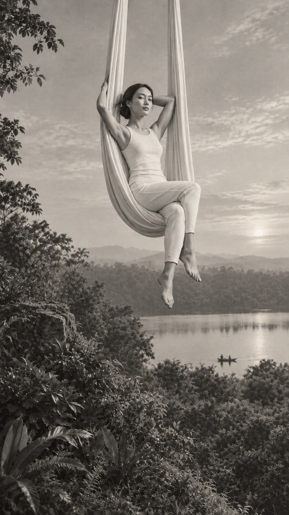 Model in ivory activewear suspended in aerial silks above a misty lake and forest, monochrome editorial study